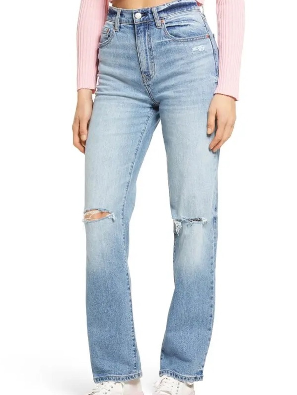 Light Blue High-Rise Distressed Straight Jeans